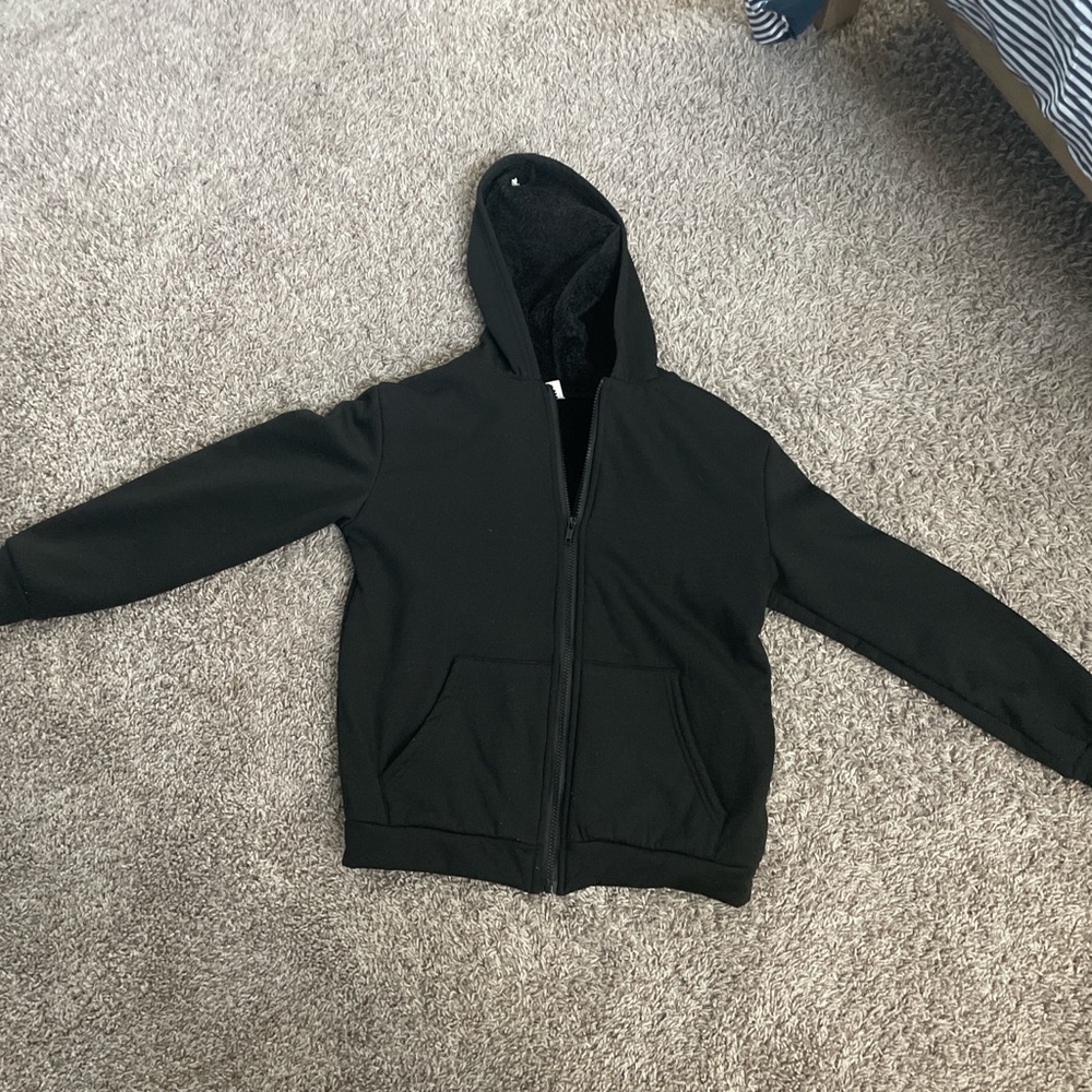 Black Hooded Zip-Up Jacket, Fluffy on the Inside to stay warm, never used.